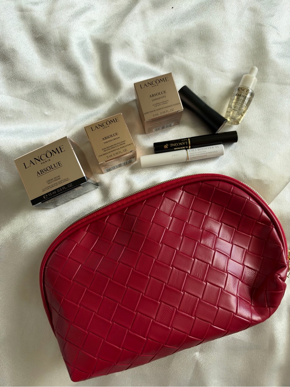 Lancome Skincare Set with Red Woven Cosmetic Pouch